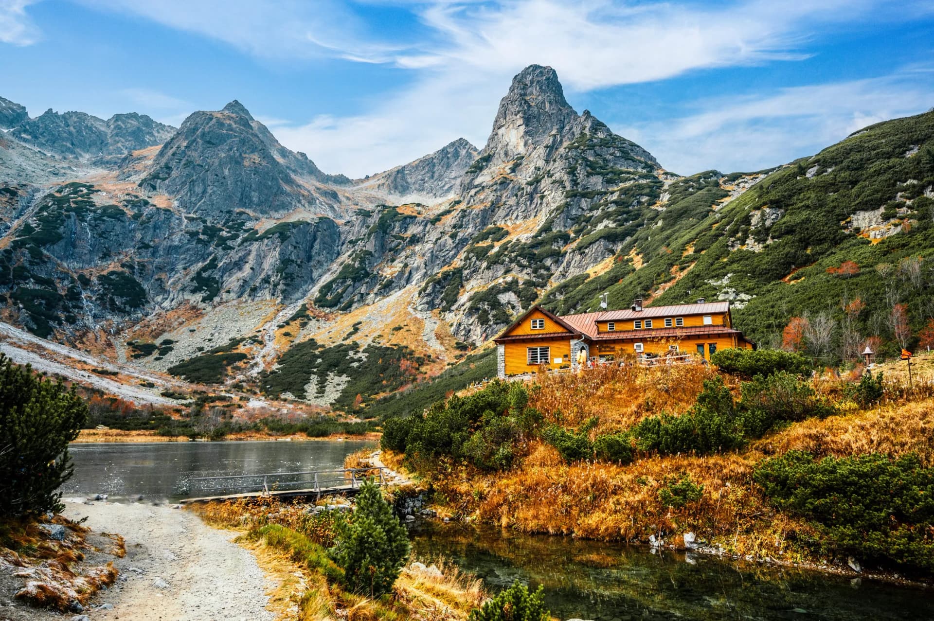 Hiking in national park High Tatras. HiIking from biele pleso to Zelene pleso in the mountain Vysoke Tatry, Slovakia. Beautiful