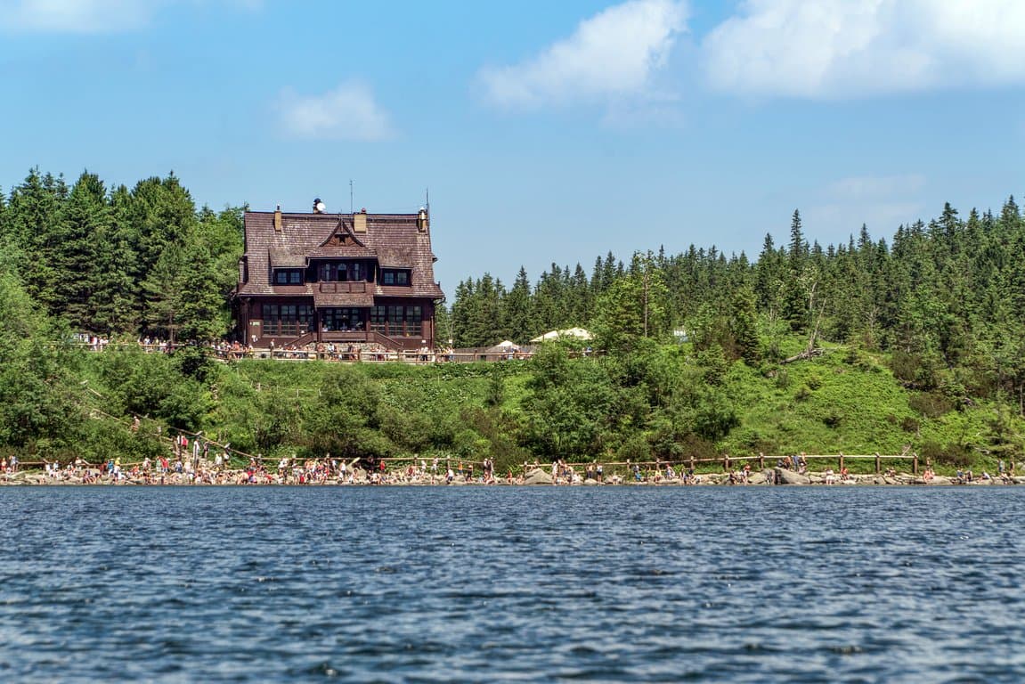 Mountain lake with wooden lodge, people on shore, and dense green forest under blue sky.