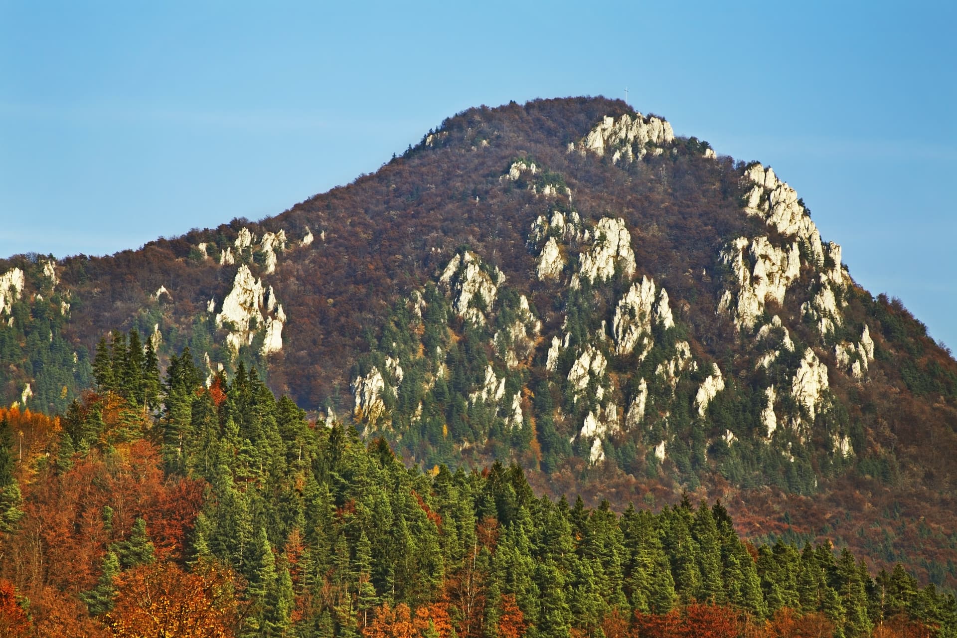 Mountain with white rock formations and autumn forest under a clear blue sky